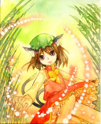 Rule 34 | 1girl, animal ears, bamboo, bamboo forest, blonde hair, cat ears, cat girl, cat tail, chen, danmaku, earrings, female focus, forest, hat, jewelry, multiple tails, nature, painting (medium), shiroaisa, solo, tail, touhou, traditional media, watercolor (medium)