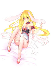 Rule 34 | 1girl, animal ears, armband, bare shoulders, bed, blonde hair, blush, bow, breasts, cleavage, corset, crescent, crescent earrings, detached collar, earrings, floral print, frilled armband, frills, gradient hair, hand on own ear, highres, jewelry, knee up, leotard, lips, long hair, looking at viewer, mary janes, mashimaro (pixiv3247613), medium breasts, multicolored hair, on bed, original, pantyhose, pink pantyhose, pointy ears, rabbit ears, red bow, red eyes, red footwear, shoe flower, shoes, simple background, single earring, sitting, solo, star-shaped pupils, star (symbol), symbol-shaped pupils, torn clothes, torn pantyhose, touching ears, very long hair, white background