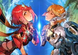 Rule 34 | 2girls, ahoge, blonde hair, breasts, chest jewel, commentary, english commentary, closed eyes, fingerless gloves, fiora (xenoblade), gloves, hungry clicker, lens flare, mecha-fiora, multiple girls, nintendo, pyra (xenoblade), red eyes, red hair, short hair, spoilers, xenoblade chronicles 1, xenoblade chronicles (series), xenoblade chronicles 2