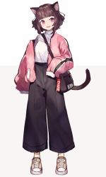 Rule 34 | 1girl, :d, animal ears, bag, black pants, blunt bangs, blush, breasts, brown footwear, brown hair, cat ears, cat girl, cat tail, converse, copyright name, full body, grey background, head tilt, high-waist pants, jacket, kmnz, long sleeves, looking at viewer, mc liz, medium breasts, open clothes, open jacket, open mouth, pants, pink jacket, puffy long sleeves, puffy sleeves, red eyes, shirt, shoes, shoulder bag, shugao, sleeves past fingers, sleeves past wrists, smile, sneakers, solo, standing, tail, two-tone background, virtual youtuber, white shirt