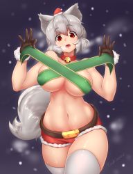 Rule 34 | 1girl, absurdres, alternate costume, animal ears, artist name, bell, belt, black gloves, blush, breasts, breath, christmas, cleavage, collar, covered erect nipples, cowboy shot, curvy, gift wrapping, gloves, grey hair, hair between eyes, head tilt, highres, inubashiri momiji, large breasts, looking at viewer, navel, neck bell, no shirt, open mouth, red eyes, shiny skin, short eyebrows, short shorts, shorts, snowing, solo, stomach, tail, thick thighs, thighhighs, thighs, tochinoko, tongue, touhou, white thighhighs, wide hips, wolf ears, wolf tail