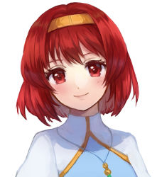 Rule 34 | 1girl, blush, bob cut, closed mouth, dress, fire emblem, fire emblem: mystery of the emblem, fire emblem: shadow dragon, fire emblem heroes, hair intakes, hairband, head tilt, jewelry, jurge, looking at viewer, maria (fire emblem), nintendo, orange hairband, pendant, red eyes, red hair, short hair, simple background, smile, solo, upper body, white background, white dress