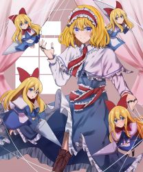 Rule 34 | 5girls, absurdres, alice margatroid, blonde hair, blue dress, blue eyes, bow, capelet, closed mouth, curtains, doll joints, dress, hair bow, hairband, highres, holding, holding weapon, indoors, jingai (k1bun), joints, lolita hairband, long hair, looking at viewer, multiple girls, red bow, red hairband, shanghai doll, short hair, smile, touhou, weapon, white capelet, window