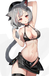Rule 34 | 1girl, absurdres, animal ears, armpits, bikini, black bikini, black choker, black headwear, black thighhighs, blush, breasts, bright pupils, cat ears, cat tail, choker, earrings, grey hair, hair ornament, hairclip, highres, jewelry, large breasts, looking at viewer, medium hair, navel, original, red eyes, revealing clothes, simple background, solo, swimsuit, tail, thighhighs, three twosix, white pupils