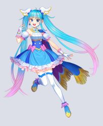 Rule 34 | 1girl, 4b, :d, bare shoulders, blue eyes, blue footwear, blue hair, blue skirt, commentary request, cure sky, detached sleeves, diagonal bangs, fingerless gloves, frilled skirt, frills, fringe trim, full body, gloves, gradient hair, grey background, hand up, highres, hirogaru sky! precure, multicolored hair, open mouth, pink hair, precure, puffy short sleeves, puffy sleeves, shirt, shoes, short sleeves, simple background, skirt, sleeveless, sleeveless shirt, smile, solo, sora harewataru, streaked hair, thighhighs, twintails, white gloves, white shirt, white sleeves, white thighhighs