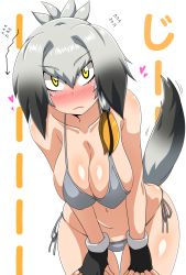 Rule 34 | 10s, 1girl, bikini, bird tail, black gloves, black hair, blush, breasts, cleavage, collarbone, fingerless gloves, gloves, grey bikini, grey hair, hands on own thighs, head wings, heart, hip focus, kani club, kemono friends, large breasts, leaning forward, looking at viewer, low ponytail, multicolored hair, navel, orange hair, shiny skin, shoebill (kemono friends), side-tie bikini bottom, side ponytail, solo, swimsuit, tail, white background, wings, yellow eyes