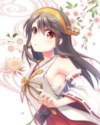 Rule 34 | 10s, 1girl, :o, bandages, bare shoulders, blush, breasts, bright pupils, brown hair, budget sarashi, check commentary, collarbone, commentary request, detached sleeves, floral background, gunp, hair between eyes, hakama, hakama skirt, haruna (kancolle), headgear, japanese clothes, kantai collection, kimono, long hair, long sleeves, medium breasts, nontraditional miko, open mouth, red eyes, red hakama, red ribbon, ribbon, ribbon-trimmed sleeves, ribbon trim, sarashi, sideboob, sidelocks, skirt, sleeveless, sleeveless kimono, solo, tareme, tassel, upper body, very long hair, white kimono, wide sleeves, yellow ribbon