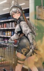 Rule 34 | 1girl, absurdres, arknights, ass, black skirt, blush, breasts, cable, commentary, fart, fartooth (arknights), feet out of frame, grey hair, headgear, highres, holding, holding phone, indoors, long hair, long sleeves, miniskirt, nose blush, pencil skirt, phone, pouch, shirt, shopping cart, sitting, skirt, small breasts, smile, solo, thigh strap, thighs, vambraces, very long hair, welt (kinsei koutenkyoku), white shirt, yellow eyes