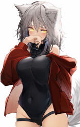 Rule 34 | 1girl, absurdres, animal ears, arknights, bare shoulders, black leotard, breasts, commentary request, covered navel, covering own mouth, female focus, highleg, highleg leotard, highres, jacket, large breasts, leotard, looking at viewer, official alternate costume, projekt red (arknights), projekt red (light breeze) (arknights), red jacket, short hair, solo, tab head, tail, white hair, yellow eyes