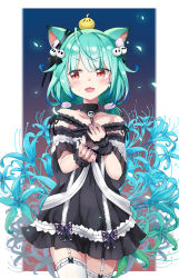 Rule 34 | 1girl, :3, :d, ahoge, animal, animal ears, animal on head, aokihoshi, bare shoulders, bird, bird on head, black choker, black dress, blue hair, bow, brooch, cat ears, chick, choker, collarbone, colored tips, cowboy shot, dress, ear piercing, ear ribbon, earrings, extra ears, fingernails, flower, frilled dress, frilled straps, frilled thighhighs, frills, garter straps, ghost earrings, green hair, hair ornament, hair ribbon, highres, hololive, ichigeki-kun, jewelry, low twintails, medium hair, multicolored hair, off-shoulder dress, off shoulder, on head, open mouth, piercing, piyoko (uruha rushia), pom pom (clothes), pom pom hair ornament, red eyes, ribbon, see-through, see-through sleeves, short dress, short sleeves, short twintails, sideways glance, skull hair ornament, smile, smirk, solo, spider lily, thighhighs, twintails, uruha rushia, uruha rushia (3rd costume), v-shaped eyebrows, virtual youtuber, white garter straps, white thighhighs, wristband