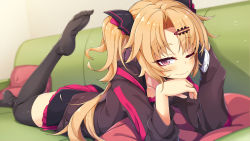 Rule 34 | 1girl, akatsuki uni, black jacket, black thighhighs, blonde hair, blurry, closed mouth, collarbone, couch, depth of field, feet, hair ornament, hairclip, hands up, head rest, highres, holding, holding phone, hood, hood down, hooded jacket, jacket, leg up, long hair, long sleeves, looking at viewer, lying, miniskirt, no shoes, ogami kazuki, on couch, on stomach, one eye closed, parted bangs, phone, pillow, pink eyes, pink skirt, pleated skirt, skirt, smile, solo, thighhighs, two side up, uni create, virtual youtuber, zettai ryouiki