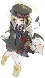 Rule 34 | 1girl, absurdres, armband, black hat, black jacket, blonde hair, blue archive, blue dress, closed mouth, collared shirt, demon girl, demon wings, dress, from below, frown, full body, halo, hat, highres, ibuki (blue archive), jacket, looking at viewer, neck ribbon, ningen mame, peaked cap, red armband, red ribbon, ribbon, shirt, side ponytail, simple background, sleeves past fingers, sleeves past wrists, solo, stuffed animal, stuffed toy, tail, tearing up, teddy bear, white background, white shirt, wings, yellow eyes, yellow footwear, yellow halo