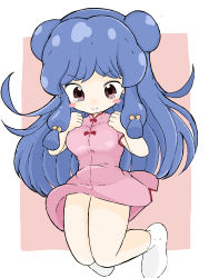 Rule 34 | 1girl, absurdres, blue hair, blush stickers, breasts, brown background, brown eyes, china dress, chinese clothes, closed mouth, commentary request, double bun, dress, full body, hair bun, hands up, highres, knees together feet apart, long hair, medium breasts, no shoes, pink dress, ranma 1/2, rururu (pyrk8855), shampoo (ranma 1/2), short sleeves, sidelocks, smile, socks, solo, two-tone background, v-shaped eyebrows, very long hair, white background, white socks