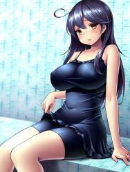 Rule 34 | 10s, 1girl, ahoge, alternate costume, black hair, blush, breasts, covered erect nipples, frilled swimsuit, frills, kantai collection, large breasts, long hair, looking at viewer, nontraditional school swimsuit, one-piece swimsuit, open mouth, school swimsuit, solo, swimsuit, tsukumiya amane, ushio (kancolle)