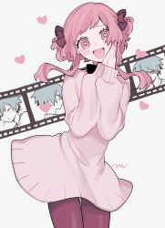 Rule 34 | 1boy, 1girl, blush, blush stickers, dress, film strip, hair ornament, heart, heart-shaped pupils, high collar, highres, long sleeves, looking at viewer, maco22, open mouth, original, own hands together, pantyhose, short hair with long locks, smile, solo focus, sweater, sweater dress, symbol-shaped pupils, thigh gap, twintails