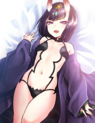Rule 34 | 1girl, :d, bed sheet, blunt bangs, breasts, collarbone, commentary request, cowboy shot, eyeshadow, fangs, fate/grand order, fate (series), flat chest, gem, half-closed eyes, headpiece, horns, japanese clothes, jewelry, jyuru, kimono, long sleeves, looking at viewer, lying, makeup, on back, open clothes, open kimono, open mouth, purple eyes, purple hair, purple kimono, revealing clothes, short hair, shuten douji (fate), shuten douji (first ascension) (fate), skin-covered horns, small breasts, smile, solo, teeth, thigh gap, thighs, tsurime, wide sleeves