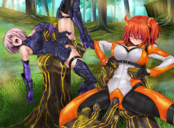 Rule 34 | 2girls, ahoge, armor, armored dress, blush, bodysuit, breasts, cameltoe, command spell, covered erect nipples, cyclone (reizei), fate/grand order, fate (series), fingering, fingering through clothes, fujimaru ritsuka (female), fujimaru ritsuka (female) (chaldea combat uniform), grabbing, hair ornament, hair over one eye, hair scrunchie, hand tattoo, hetero, highres, large breasts, mash kyrielight, multiple boys, multiple girls, official alternate costume, one side up, orange bodysuit, orange hair, orange scrunchie, purple eyes, purple hair, pussy juice, scrunchie, short hair, tattoo, through clothes, wet, yellow scrunchie