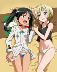 Rule 34 | 2girls, bed, blonde hair, blue eyes, blush, erica hartmann, fang, francesca lucchini, green eyes, green hair, groin, hair ornament, hair ribbon, highres, holding hands, multiple girls, navel, no pants, panties, ribbon, strike witches, striped clothes, striped panties, tank top, twintails, underwear, white panties, world witches series, yuri