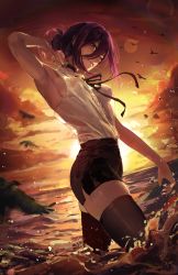 Rule 34 | 1girl, armpits, backlighting, bird, black choker, black thighhighs, chainsaw man, choker, explosive, highres, looking at viewer, meltyrice, partially submerged, reze (chainsaw man), short shorts, shorts, solo, sun, thighhighs, thighs, wading, water