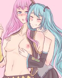 Rule 34 | 2girls, blue eyes, blue hair, blush, breasts, cherries-and-crows, closed eyes, detached sleeves, grabbing, grabbing another&#039;s breast, groping, hatsune miku, highres, large breasts, megurine luka, multiple girls, partially undressed, pink hair, second-party source, twintails, vocaloid, yuri