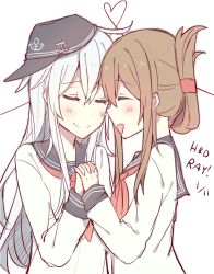 Rule 34 | 10s, 2girls, anchor symbol, bad anatomy, bad hands, blush, brown hair, closed eyes, folded ponytail, happy birthday, hat, heart, heart of string, hibiki (kancolle), holding hands, inazuma (kancolle), kantai collection, kvlen, long hair, multiple girls, open mouth, school uniform, sidelocks, silver hair, smile