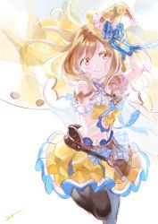 Rule 34 | 1girl, bow, brown eyes, brown hair, choker, cowboy shot, crop top, floating hair, gloves, granblue fantasy, hat, highres, holding, holding clothes, holding hat, kunikida hanamaru, leg up, long hair, looking at viewer, love live!, love live! sunshine!!, midriff, mitsuhashitaeko, navel, pantyhose, ribbon, signature, simple background, sketch, skirt, smile, solo, white background, witch hat