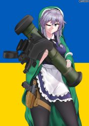 Rule 34 | 1girl, absurdres, apron, braid, breasts, cosplay, fgm-148 javelin, frills, glock, green robe, green shawl, grey hair, gun, handgun, highres, holding, holding rocket launcher, holding weapon, holster, izayoi sakuya, looking at viewer, maid, maid apron, man-portable anti-tank systems, medium breasts, missile launcher, one eye closed, pantyhose, pistol, robe, rocket launcher, russo-ukrainian war, ryuhwa9, skindentation, smile, solo, st. javelin, thigh holster, thighs, touhou, twin braids, twitter username, ukraine, ukrainian flag, virgin mary, virgin mary (cosplay), weapon, weapon request, white apron
