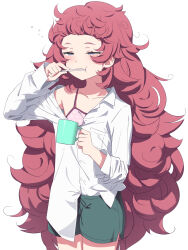 Rule 34 | 1girl, :t, blue archive, blush, bra, breast pocket, brushing teeth, buttons, closed mouth, collarbone, collared shirt, cowboy shot, csham, cup, dress shirt, green shorts, grey eyes, half-closed eyes, highres, holding, holding cup, iroha (blue archive), long hair, long sleeves, messy hair, mug, off shoulder, open clothes, open shirt, partially unbuttoned, pink bra, pocket, polka dot, polka dot bra, purple eyes, red hair, shirt, shirt partially tucked in, short shorts, shorts, sidelocks, simple background, single bare shoulder, solo, squeans, underwear, very long hair, white background, white shirt