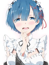 1girl :d black_sleeves blue_eyes blue_hair blush breasts commentary_request detached_collar detached_sleeves flower_knot hair_ornament hair_ribbon half-closed_eyes hand_up highres liz_(piyoko_piyop) looking_at_viewer maid maid_headdress medium_breasts open_mouth re:zero_kara_hajimeru_isekai_seikatsu rem_(re:zero) ribbon roswaal_mansion_maid_uniform short_hair simple_background smile solo teeth upper_body white_background x_hair_ornament