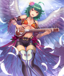 Rule 34 | 1girl, :d, ahoge, arm belt, bead bracelet, beads, belt, belt buckle, bikini, bikini top only, black panties, black shorts, blush, bracelet, breasts, brown eyes, buckle, building, collarbone, detached sleeves, eyebrows, eyelashes, feathered wings, feathers, flower, green hair, groin, hair flower, hair ornament, highleg, highleg panties, instrument, instrument request, jewelry, knees together feet apart, lens flare, light rays, looking at viewer, medium breasts, midriff, mizuya nao, music, nail polish, navel, necklace, open mouth, original, outdoors, panties, pink nails, playing instrument, print thighhighs, short hair, shorts, smile, solo, stomach, sunbeam, sunlight, swimsuit, thigh gap, thighhighs, tower, underboob, underwear, waist cape, white wings, wide sleeves, wings
