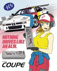 Rule 34 | 1980s (style), 1girl, alm / busy circuits, bare shoulders, baseball cap, black gloves, blue eyes, bmw, bmw 850i, breasts, brown hair, car, cleavage, clothes around waist, clothes lift, commentary, commission, controller, cowboy shot, english commentary, english text, facing viewer, flat color, gloves, hat, headset, highres, instrument, jose salot, looking at viewer, medium breasts, medium hair, motor vehicle, oldschool, open mouth, product placement, racing, racing car, retro artstyle, shirt lift, solo focus, sports car, standing, sweater, sweater around waist, synthesizer, teeth, upper teeth only