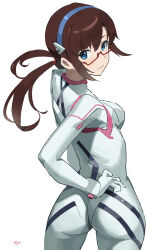 Rule 34 | 1girl, absurdres, ass, blue eyes, blue hairband, bodysuit, breasts, brown hair, closed mouth, commentary, cowboy shot, evangelion: 3.0+1.0 thrice upon a time, from behind, glasses, hairband, hand on own hip, highres, long hair, looking at viewer, low twintails, makinami mari illustrious, medium breasts, neon genesis evangelion, plugsuit, rebuild of evangelion, red-framed eyewear, semi-rimless eyewear, signature, smile, solo, t-lex, twintails, white bodysuit