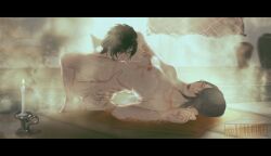 Rule 34 | 1boy, 1girl, absurdres, artist name, bath, bathing, bathroom, black hair, breasts, candle, clive rosfield, closed eyes, completely nude, couple, female orgasm, final fantasy, final fantasy xvi, fire, full body, grabbing, grey hair, highres, holding another&#039;s wrist, holding hands, jar, jill warrick, leg grab, licking, light, long hair, medium breasts, nude, open mouth, oral, orgasm, pussy juice, signature, spread legs, steam, steaming body, sunlight, towel, voaleine, water