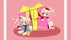 Rule 34 | 3girls, absurdres, animal ear fluff, animal ears, barefoot, black scarf, blonde hair, blue shirt, blush, borrowed character, box, chibi, christmas stocking, commentary request, dot mouth, fox ears, fox girl, fox tail, gift, gift box, hair between eyes, hair bun, hair ornament, hat, heart, highres, in box, in container, jitome, kemomimi-chan (naga u), long sleeves, multiple girls, no nose, no shoes, o3o, original, outline, pink background, pink skirt, pleated skirt, purple eyes, ranko (yulasa), red shirt, ribbon-trimmed legwear, ribbon trim, santa costume, santa hat, scarf, shadow, shirt, simple background, sitting, skirt, sleeves past fingers, sleeves past wrists, soles, tail, thighhighs, translation request, white outline, white thighhighs