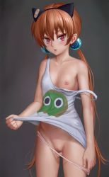 Rule 34 | 1girl, aki99, alisa southerncross, animal ears, bandages, blush, bow, bow panties, breasts, cat ears, censored, cleft of venus, fake animal ears, hair ornament, highres, keroro gunsou, long hair, md5 mismatch, nipples, no bra, one breast out, orange hair, panties, panty pull, pink panties, pussy, red eyes, small breasts, solo, strap slip, tank top, twintails, uncensored, underwear