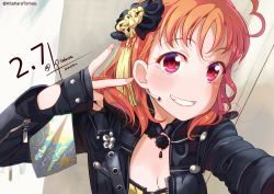 Rule 34 | 1girl, ahoge, bad id, bad pixiv id, birthday, black jacket, breasts, cleavage, dated, fingerless gloves, gloves, grin, hair ornament, headset, inami anju, jacket, kitahara tomoe (kitahara koubou), long sleeves, love live!, love live! sunshine!!, orange hair, photo-referenced, reaching, reaching towards viewer, red eyes, short hair, signature, smile, solo, takami chika, twitter username, upper body, v, voice actor connection