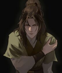 Rule 34 | 1boy, artist name, black background, brown eyes, brown hair, brown shirt, chinese clothes, hair tie, half updo, jin guangyao, karmin, long hair, long sleeves, looking at viewer, male focus, modao zushi, serious, shirt, simple background, solo
