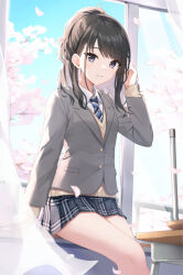 Rule 34 | 1girl, black hair, blue necktie, blue sky, blush, brown cardigan, cardigan, chair, cherry blossoms, classroom, curtains, day, desk, grey jacket, grey skirt, hand in own hair, idolmaster, idolmaster shiny colors, jacket, kazano hiori, long hair, long sleeves, looking at viewer, mole, mole under mouth, necktie, plaid, plaid skirt, pleated skirt, school chair, school desk, school uniform, shirt, sitting, skirt, sky, smile, solo, striped necktie, sunlight, thighs, white shirt, window, yazi114