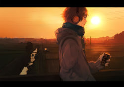 Rule 34 | 1boy, atlus, ayaka0415, brown hair, can, coffee, hanamura yousuke, headphones, letterboxed, male focus, persona, persona 4, scenery, sky, solo, sunset