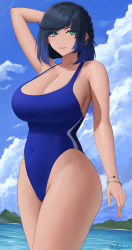 Rule 34 | 1girl, arm behind head, arm up, bare shoulders, beach, black hair, blue hair, blue one-piece swimsuit, blue sky, blush, bob cut, breasts, cleavage, collarbone, competition swimsuit, covered navel, diagonal bangs, earrings, genshin impact, green eyes, highleg, highleg swimsuit, highres, jewelry, large breasts, looking at viewer, mole, mole on breast, multicolored hair, ocean, one-piece swimsuit, short hair, sky, smile, solo, swimsuit, thighs, two-tone hair, yelan (genshin impact), zaphn