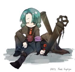 Rule 34 | 1girl, aqua hair, black footwear, black jacket, black pants, black shirt, chinese commentary, closed eyes, closed mouth, collared shirt, commentary request, double bun, employee (project moon), hair bun, highres, jacket, knee pads, lobotomy corporation, long sleeves, necktie, no nose, pants, project moon, red necktie, shirt, sitting, smile, solo, tesna