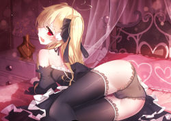 Rule 34 | 1girl, absurdres, artist name, ass, bad anatomy, bad id, bad pixiv id, bare shoulders, bed, bed sheet, bedroom, black dress, black panties, black thighhighs, blonde hair, blush, breasts, commentary request, curtains, detached sleeves, dress, expressive clothes, hair between eyes, heart, heart print, highres, indoors, long hair, long sleeves, looking at viewer, looking back, lying, niliu chahui, on bed, on side, open mouth, original, panties, profile, qys3, red eyes, sidelocks, signature, solo, thighhighs, thighs, tokisaki asaba (niliu chahui), twintails, two side up, underwear, very long hair