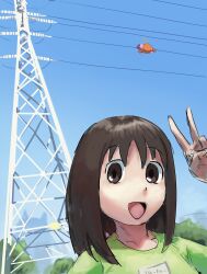 Rule 34 | 2girls, absurdres, azumanga daiou, blue sky, brown eyes, brown hair, clear sky, commentary, day, english commentary, highres, kasuga ayumu, liamickpie, long hair, looking at viewer, medium hair, mihama chiyo, multiple girls, open mouth, outdoors, power lines, salute, sky, smile, sunlight, transmission tower, v
