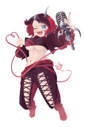 Rule 34 | 1girl, black footwear, black hair, black jacket, black nails, black pants, black sports bra, blue eyes, breasts, chain, commentary request, cropped jacket, cross-laced pants, demon girl, demon horns, demon tail, full body, grey background, heart, heart of string, highres, holding, holding microphone, horns, jacket, jumping, large breasts, looking at viewer, microphone, midriff, multicolored hair, nail polish, nanashi inc., navel, navel piercing, one eye closed, open clothes, open jacket, open mouth, pants, piercing, pointy ears, red hair, red pants, red sports bra, ryugasaki rene, ryugasaki rene (1st costume), shoes, short hair, simple background, smile, sneakers, sobaco, solo, sports bra, sugar lyric, tail, two-tone hair, two-tone pants, underboob, virtual youtuber, zipper