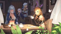 Rule 34 | 4girls, ahoge, bare shoulders, beret, blonde hair, blue eyes, blush, braid, breasts, brown eyes, brown hair, camieux, chair, cleavage, closed mouth, collarbone, commentary request, crop top, cucouroux (granblue fantasy), curtains, detached sleeves, draph, drinking, elbows on table, gloves, granblue fantasy, hair between eyes, hair ornament, hair ribbon, hairband, hat, head wings, height difference, highres, indoors, lamp, large breasts, long hair, long sleeves, looking at viewer, looking to the side, medium breasts, midriff, miniskirt, multiple girls, navel, open mouth, ribbon, short twintails, silva (granblue fantasy), silver hair, sitting, skirt, smile, table, teapot, thighhighs, tweyen (granblue fantasy), twin braids, twintails, very long hair, wasabi60, wavy hair, window, wings, wooden floor, wooden wall