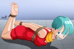 Rule 34 | 1girl, angry, barefoot, blue eyes, blue hair, bound, bulma, dragon ball, dragonball z, dress, earrings, feet, gag, helpless, improvised gag, interior, jewelry, red dress, rope, scarf, shadow xcp, soles, tape, tape gag, toes, you gonna get raped
