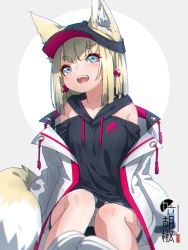 Rule 34 | 1girl, :d, animal ear fluff, animal ears, bare shoulders, black hoodie, blonde hair, blue eyes, chromatic aberration, collarbone, feet out of frame, fox ears, fox girl, fox tail, grey background, hat, highres, hood, hood down, hoodie, jacket, jacket on shoulders, jacket partially removed, kuro kosyou, legs together, looking at viewer, open mouth, original, short eyebrows, simple background, sitting, sleeves past fingers, sleeves past wrists, smile, solo, tail, teeth, thick eyebrows, tongue, two-tone background, upper teeth only, white background