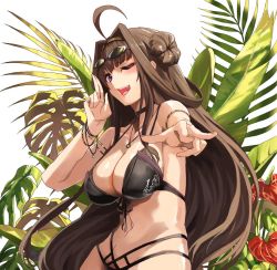Rule 34 | 1girl, ;d, ahoge, armlet, bare shoulders, bikini, black bikini, blush, bracelet, breasts, brown hair, cleavage, collarbone, cowboy shot, double bun, duplicate, eyewear on head, gold, groin, hair bun, hairband, hand up, jewelry, kantai collection, kongou (kancolle), large breasts, long hair, looking at viewer, navel, necklace, one eye closed, open mouth, palm leaf, pointing, pointing at viewer, purple eyes, ring, seven (shijima), shiny skin, smile, solo, stomach, sunglasses, swimsuit