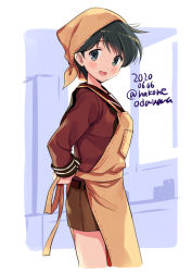 Rule 34 | 1girl, :d, apron, black eyes, black hair, blush, brown neckerchief, brown sailor collar, brown shorts, cropped legs, dated, kantai collection, long sleeves, mogami (kancolle), neckerchief, odawara hakone, one-hour drawing challenge, open mouth, red serafuku, sailor collar, school uniform, serafuku, short hair, shorts, smile, solo, twitter username, yellow apron