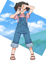 Rule 34 | 1girl, ;), black hair, blue overalls, blue sky, blush, cloud, cloudy sky, commentary request, finger frame, full body, kuraue hinata, looking at viewer, meis (terameisu), no socks, one eye closed, overalls, pink shirt, purple eyes, sandals, shirt, short hair, sky, smile, solo, standing, twintails, yama no susume